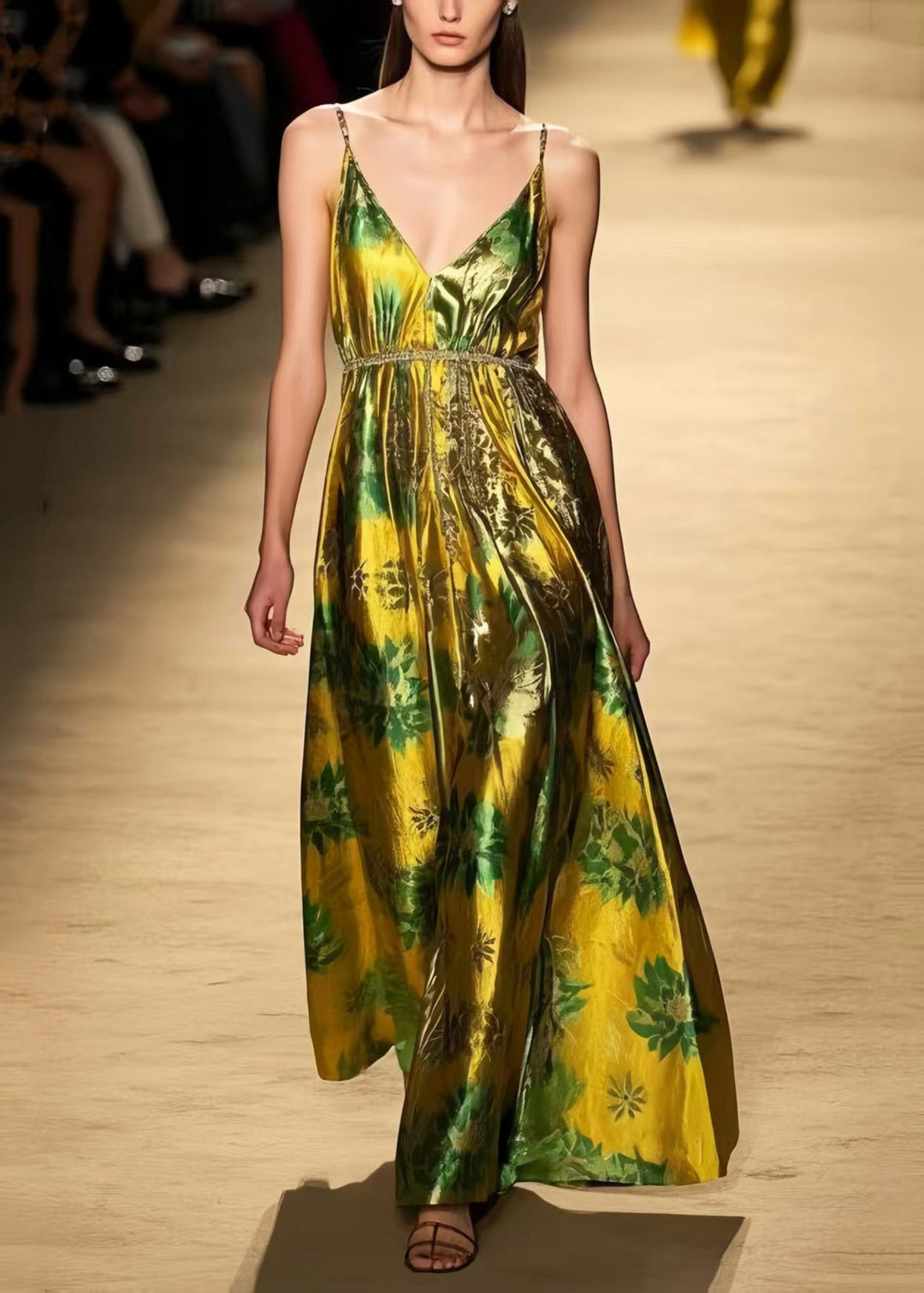 Elegant Fluorescent Green Print Silk Vestidos Dress Summer