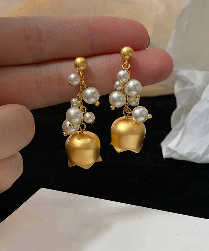 Elegant Gold Copper Overgild Pearl Lily Of The Valley Tassel Drop Earrings