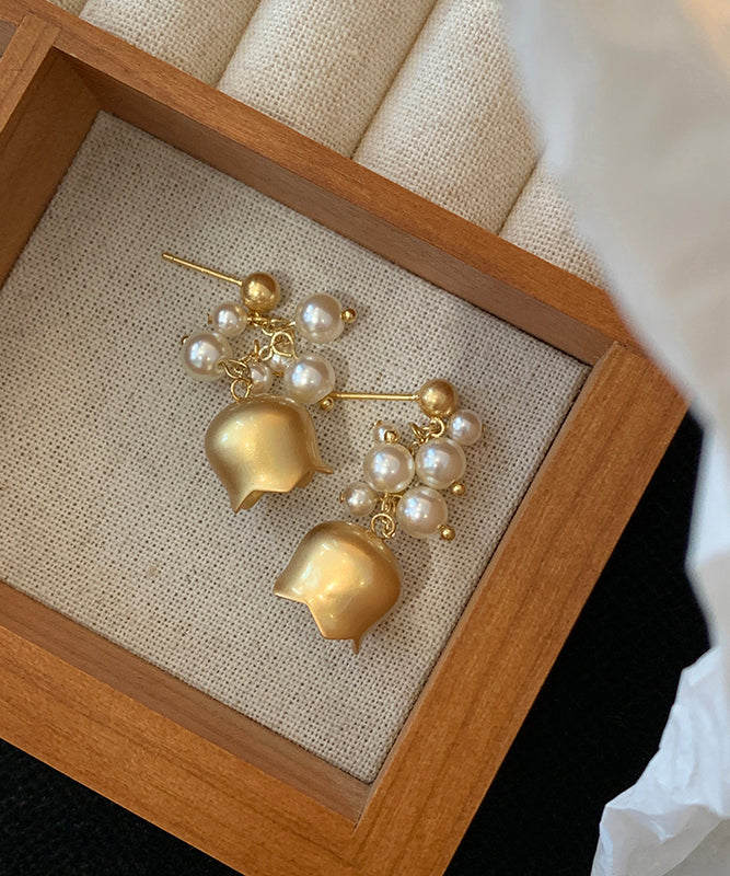 Elegant Gold Copper Overgild Pearl Lily Of The Valley Tassel Drop Earrings