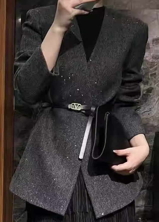 Elegant Grey V Neck Woolen Suit Coats Fall