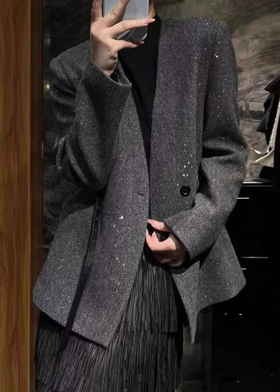 Elegant Grey V Neck Woolen Suit Coats Fall