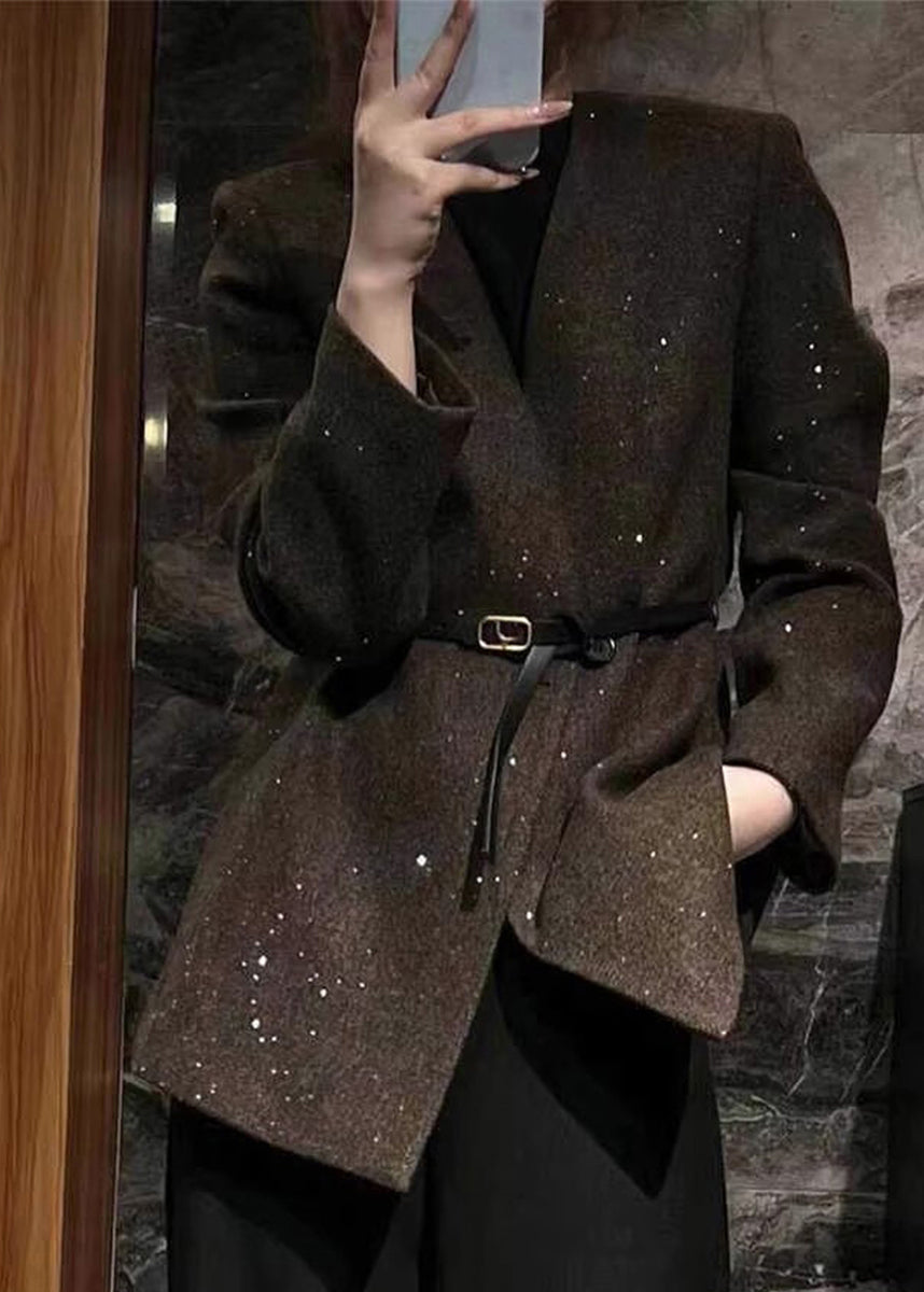 Elegant Grey V Neck Woolen Suit Coats Fall