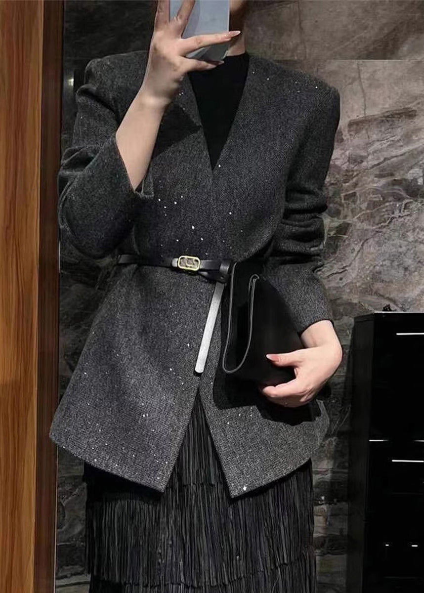 Elegant Grey V Neck Woolen Suit Coats Fall
