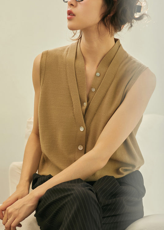 Elegant Khaki V Neck Button Woolen Vest Tops Sleeveless