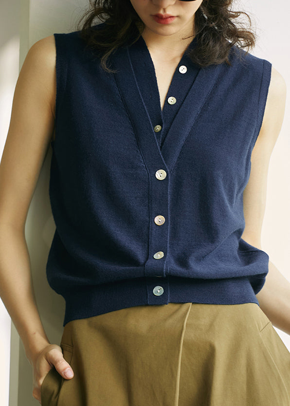 Elegant Khaki V Neck Button Woolen Vest Tops Sleeveless