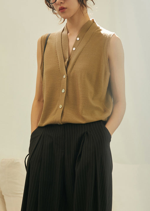 Elegant Khaki V Neck Button Woolen Vest Tops Sleeveless