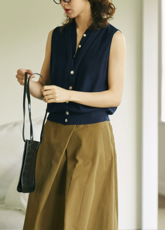Elegant Khaki V Neck Button Woolen Vest Tops Sleeveless