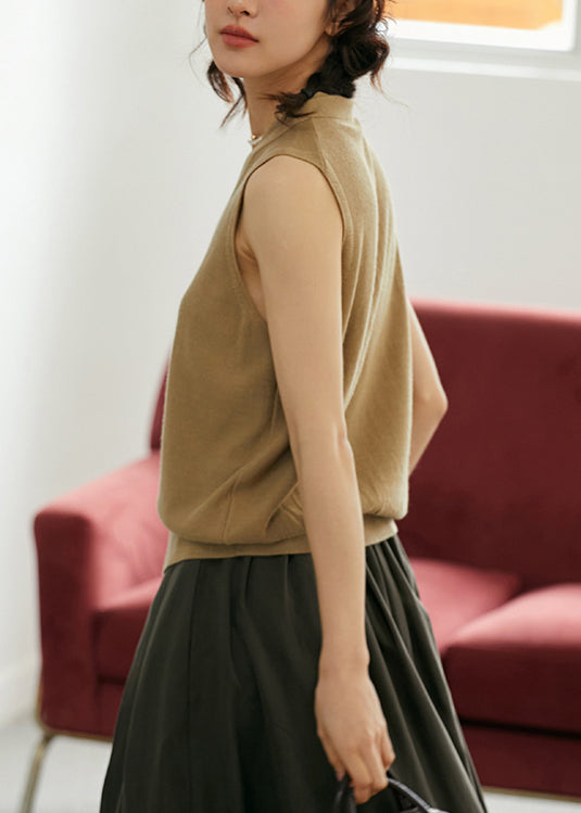 Elegant Khaki V Neck Button Woolen Vest Tops Sleeveless
