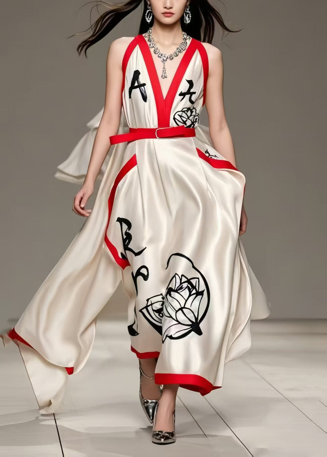 Elegant Milk White Asymmetrical Print Silk Holiday Dress Summer