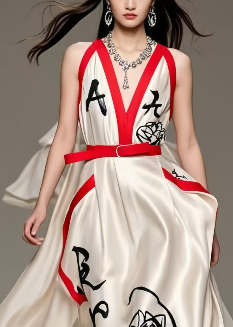 Elegant Milk White Asymmetrical Print Silk Holiday Dress Summer