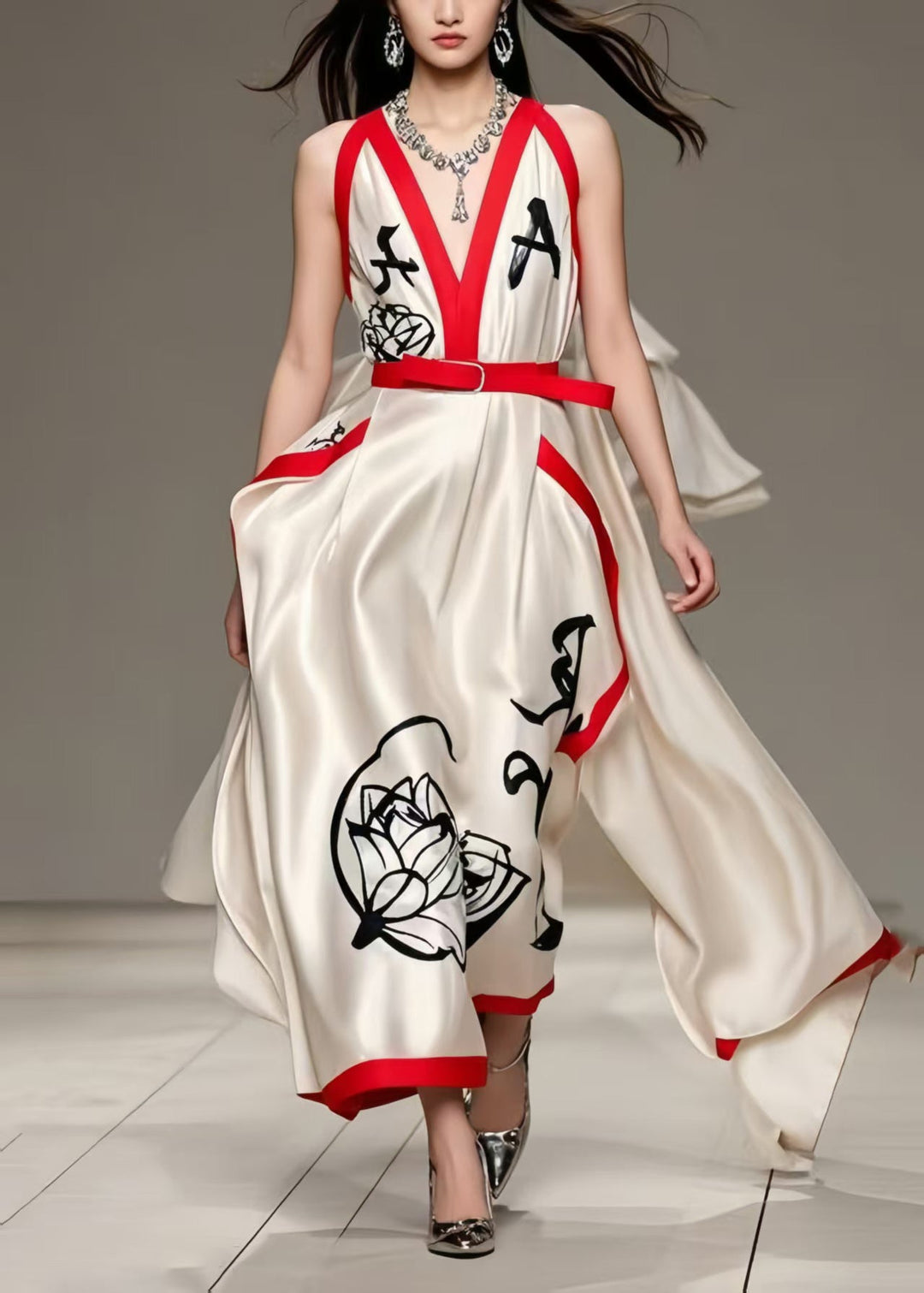 Elegant Milk White Asymmetrical Print Silk Holiday Dress Summer