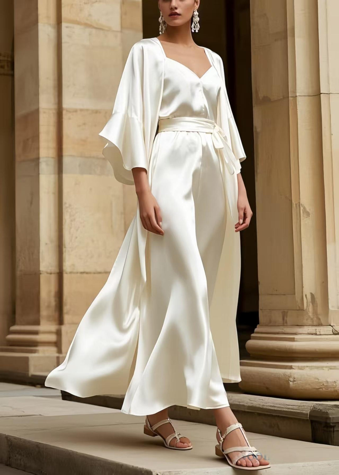 Elegant Milk White Square Collar Draping Silk Tunic Dress Half Sleeve