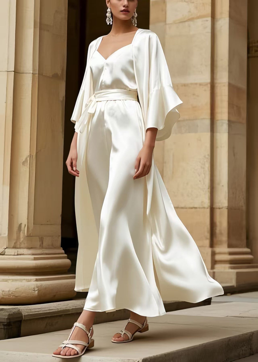 Elegant Milk White Square Collar Draping Silk Tunic Dress Half Sleeve