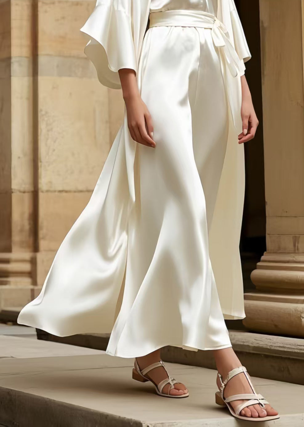 Elegant Milk White Square Collar Draping Silk Tunic Dress Half Sleeve