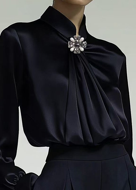 Elegant Navy Stand Collar Wrinkled Silk Shirt Top Spring