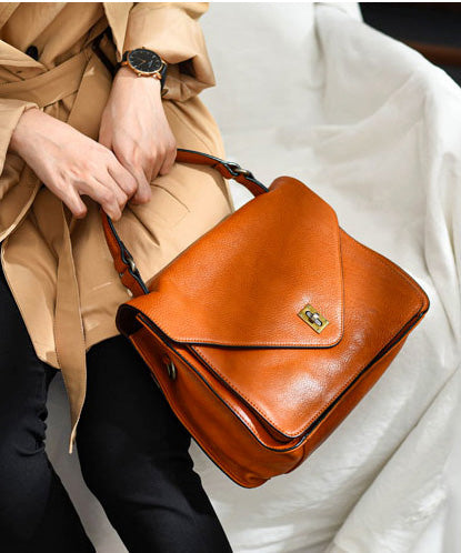 Elegant Orange Solid Durable Leather Tote Handbag