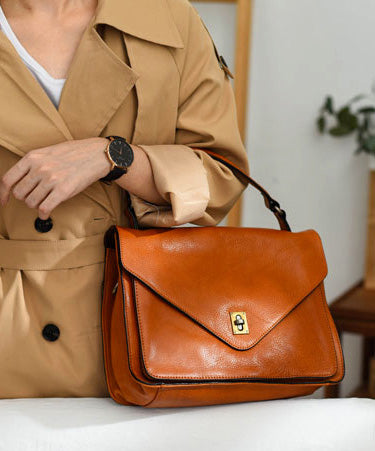 Elegant Orange Solid Durable Leather Tote Handbag