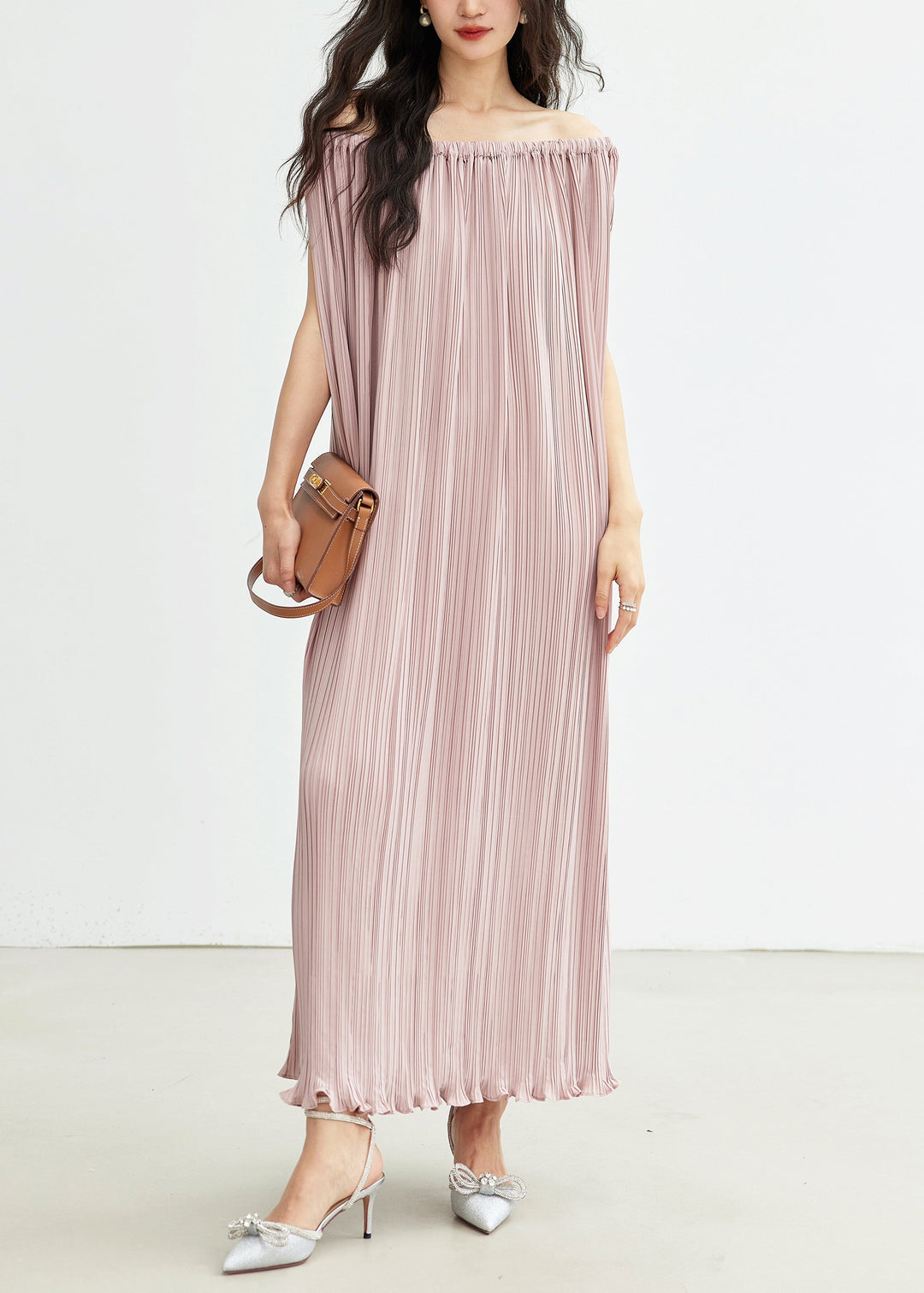 Elegant Pink Slash Neck Wrinkled Cotton Long Dresses Summer