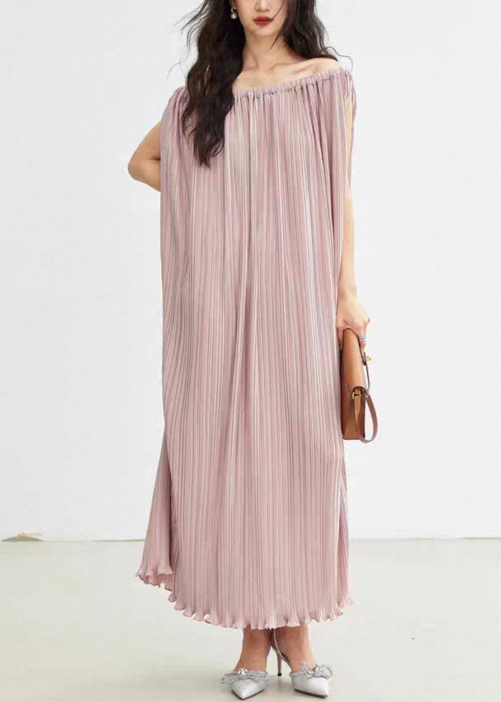 Elegant Pink Slash Neck Wrinkled Cotton Long Dresses Summer