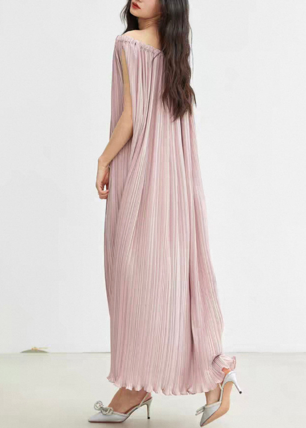 Elegant Pink Slash Neck Wrinkled Cotton Long Dresses Summer