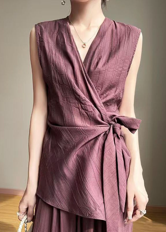 Elegant Purple Asymmetrical Lace Up Cotton Shirt Summer