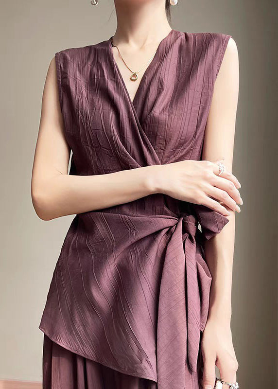 Elegant Purple Asymmetrical Lace Up Cotton Shirt Summer