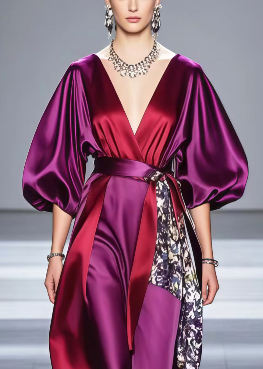 Elegant Purple Asymmetrical Patchwork Silk Dresses Lantern Sleeve