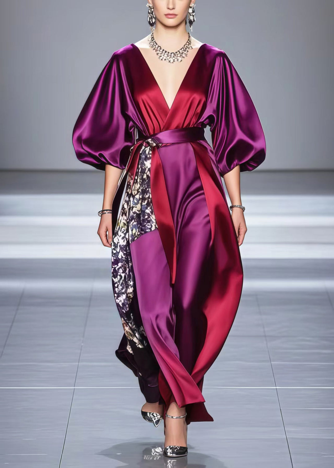 Elegant Purple Asymmetrical Patchwork Silk Dresses Lantern Sleeve
