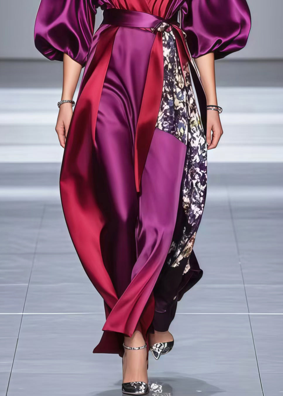 Elegant Purple Asymmetrical Patchwork Silk Dresses Lantern Sleeve