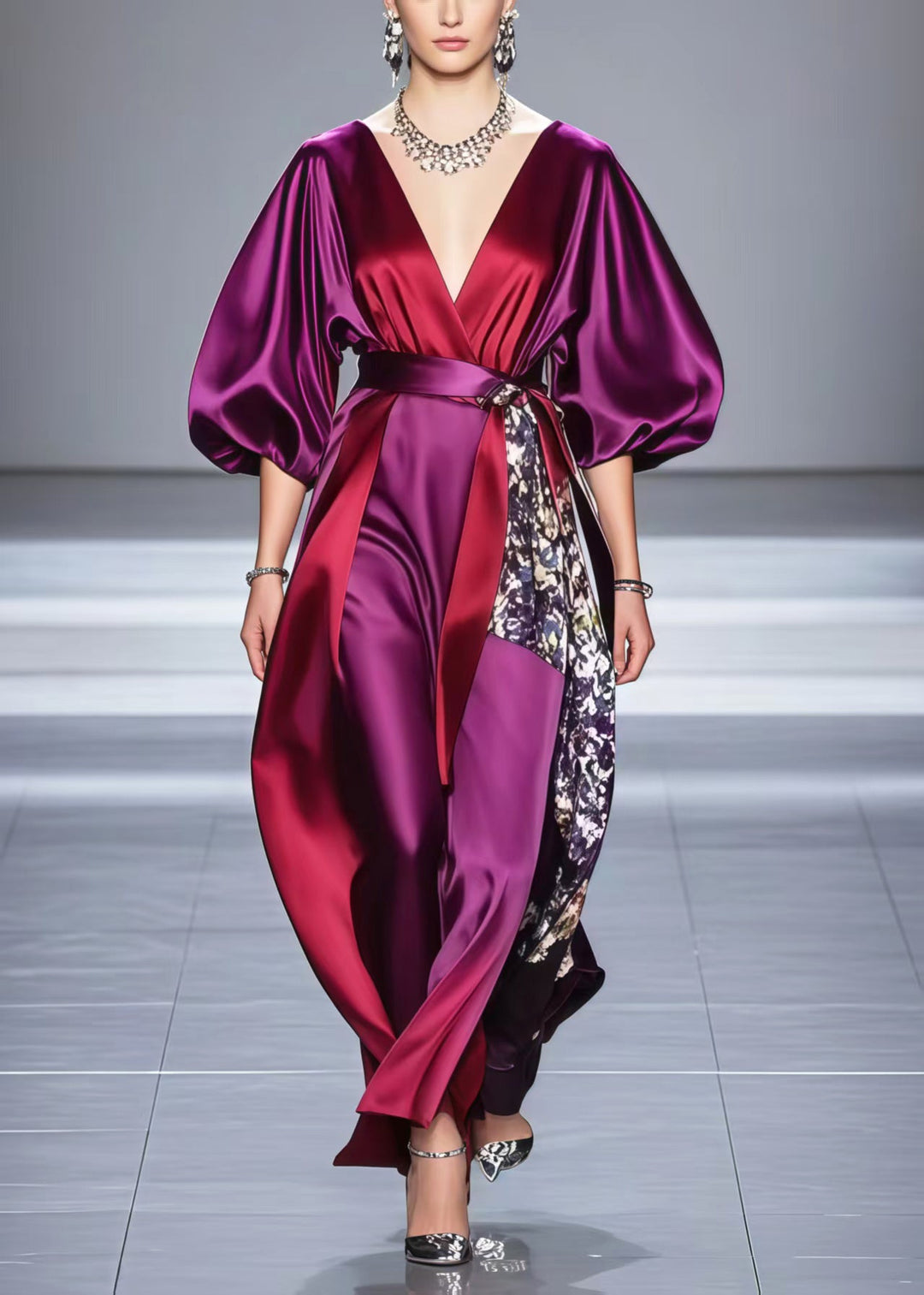 Elegant Purple Asymmetrical Patchwork Silk Dresses Lantern Sleeve