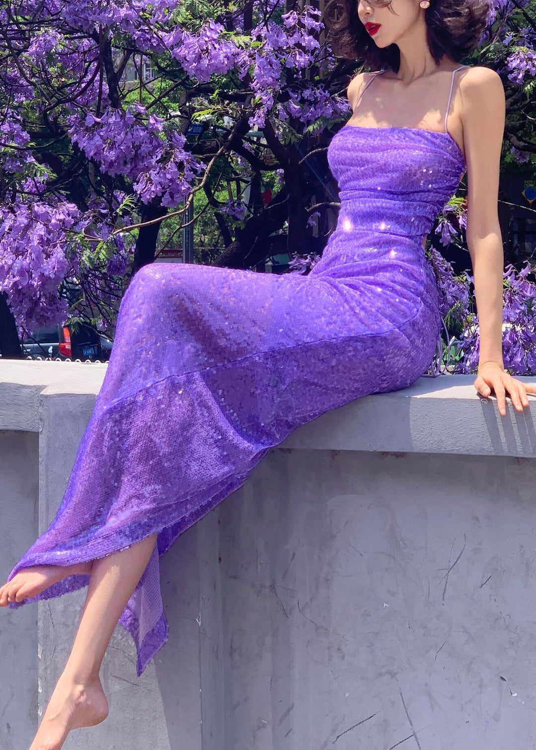 Elegant Purple Halter Sequins Side Open Silk Long Vestidos Summer