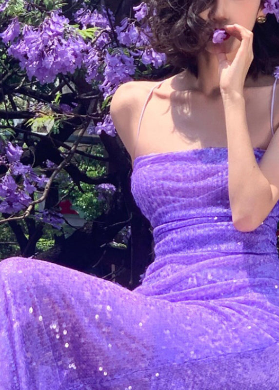 Elegant Purple Halter Sequins Side Open Silk Long Vestidos Summer