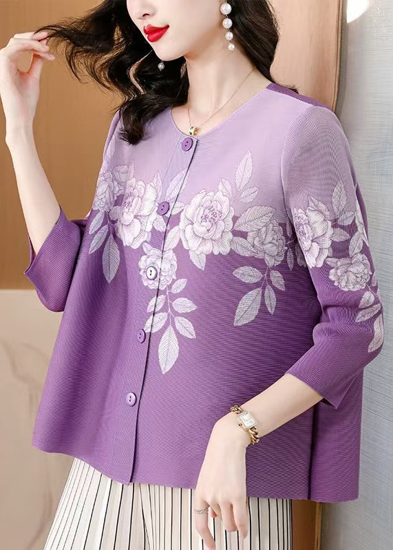 Elegant Purple O Neck Print Button Wrinkled Silk Blouses Fall