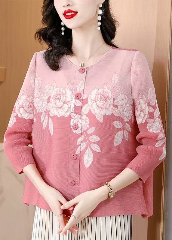 Elegant Purple O Neck Print Button Wrinkled Silk Blouses Fall