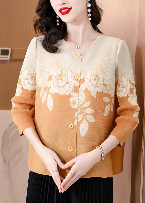 Elegant Purple O Neck Print Button Wrinkled Silk Blouses Fall