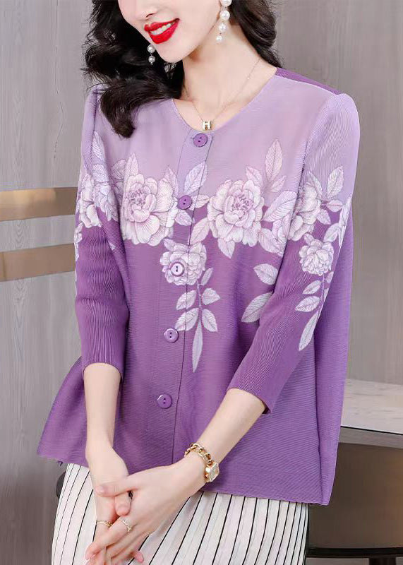 Elegant Purple O Neck Print Button Wrinkled Silk Blouses Fall
