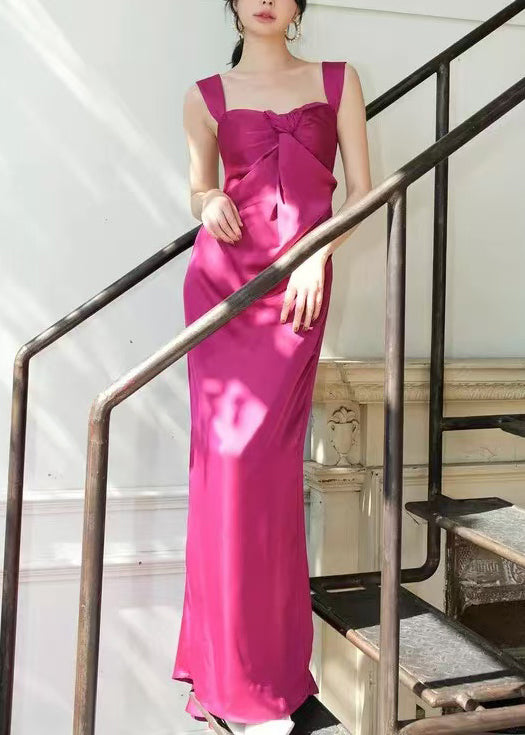 Elegant Rose Square Collar Solid Cotton Spaghetti Strap Dress Sleeveless