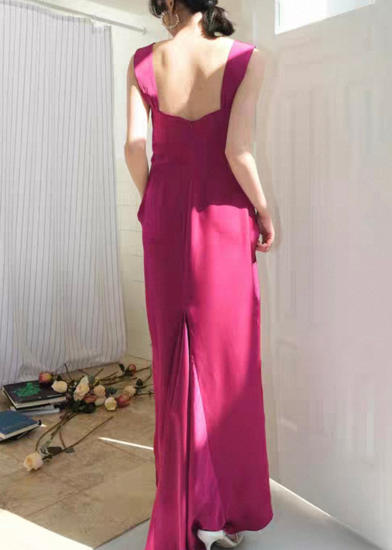 Elegant Rose Square Collar Solid Cotton Spaghetti Strap Dress Sleeveless