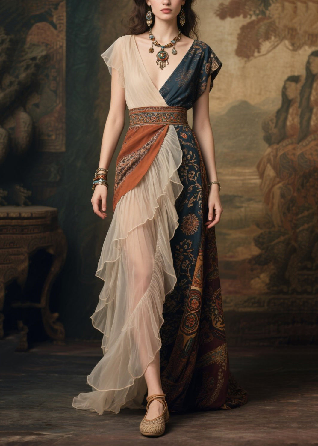 Elegant Tea Green Asymmetrical Patchwork Ruffles Chiffon Dress Summer