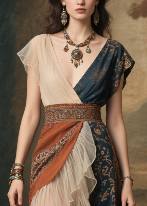 Elegant Tea Green Asymmetrical Patchwork Ruffles Chiffon Dress Summer