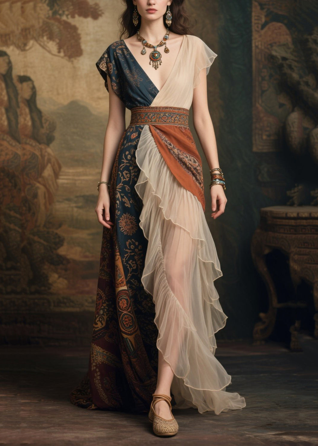 Elegant Tea Green Asymmetrical Patchwork Ruffles Chiffon Dress Summer