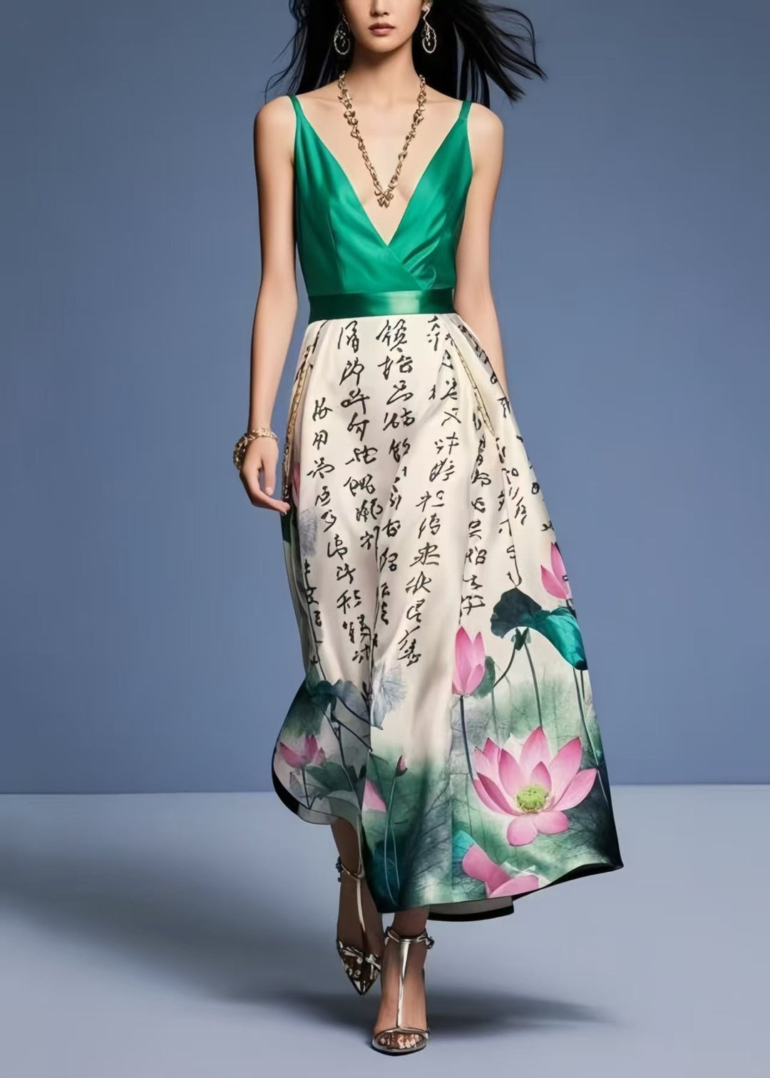 Elegant Tea Green Cinched Print Silk Cami Dress Summer
