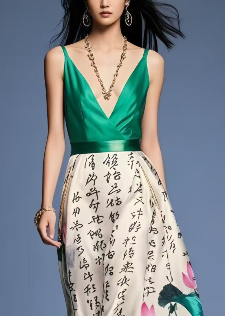 Elegant Tea Green Cinched Print Silk Cami Dress Summer