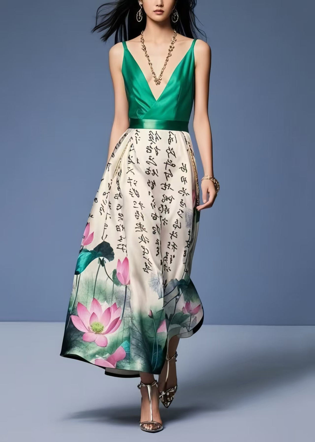 Elegant Tea Green Cinched Print Silk Cami Dress Summer