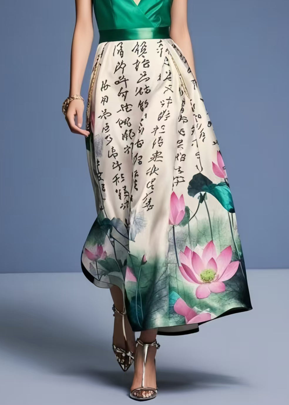 Elegant Tea Green Cinched Print Silk Cami Dress Summer