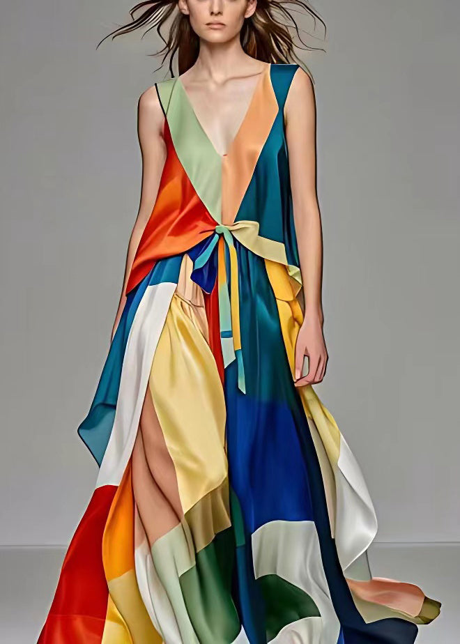 Celebrities Stripe Patchwork Deep V Neck Long Dresses