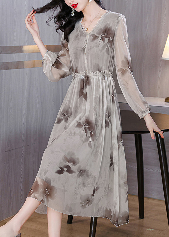 Elegant V Neck Print Ruffled Silk Chiffon Dresses Lantern Sleeve – Omychic