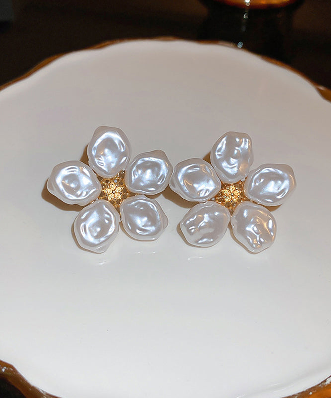 Elegant White Alloy Floral Wrinkled Pearl Stud Earrings