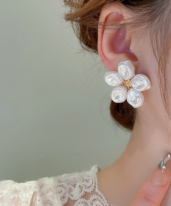Elegant White Alloy Floral Wrinkled Pearl Stud Earrings