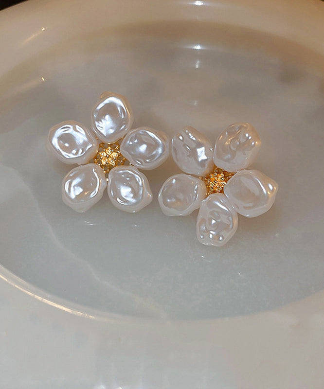 Elegant White Alloy Floral Wrinkled Pearl Stud Earrings